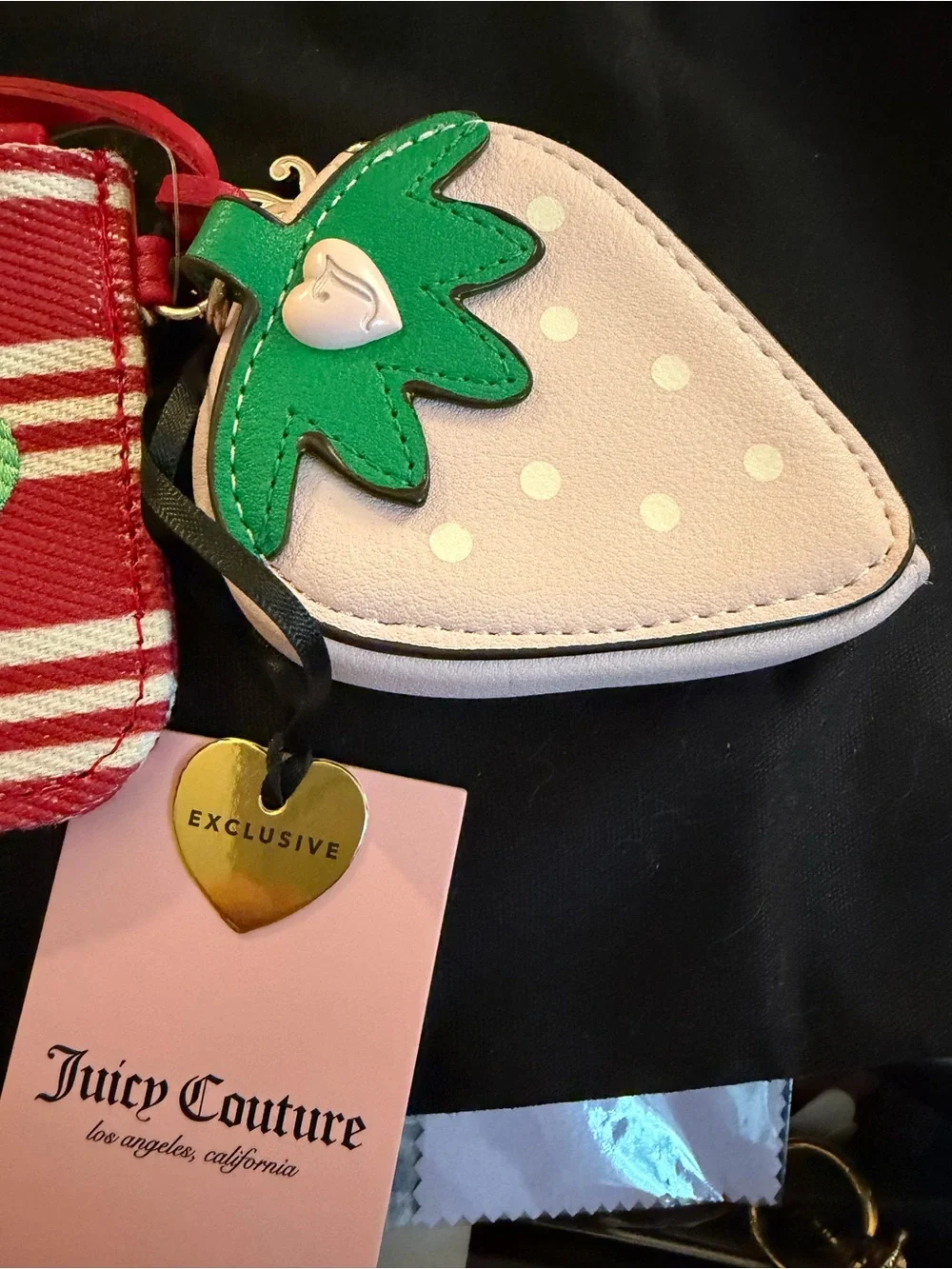 Juicy Couture Red & Pink Stripe Key/Card Holder with Strawberry Charm